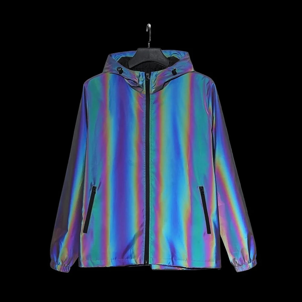 Men Reflective Jacket Gradient Colorful Hip-hop Streetwear Night Outdoor Hooded Windproof Coats Fashion Dance Skateboard Clothes