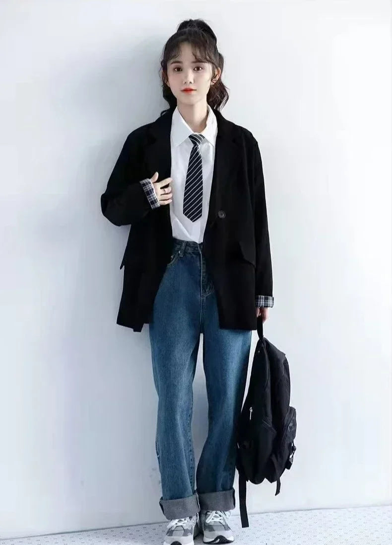 Petite Women's Spring Autumn Black Rolled Cuffs Blazer New Arrival Loose Vintage Casual Plaid Korean Style Chic Suit Jacket