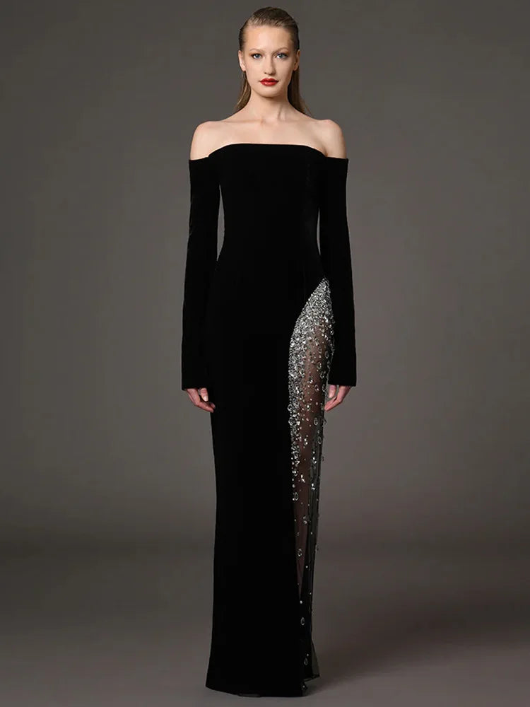 HIGH STREET Newest 2026 Designer Vestido Women's Diamonds Beaded Slash Neck Off The Shoulders Patchwork Gauze Long Maxi Dress