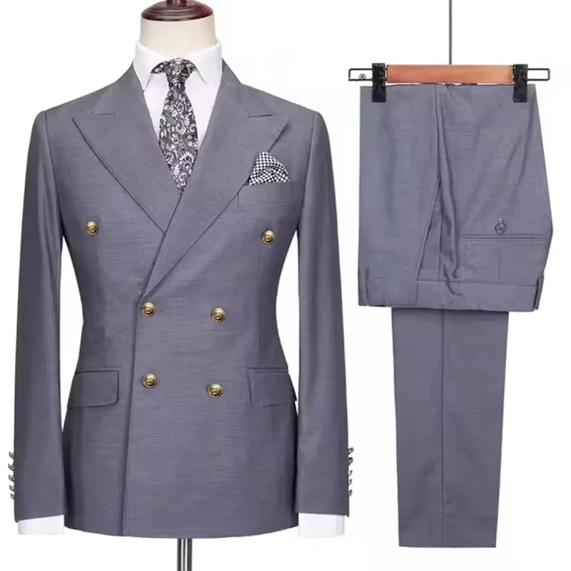 2025 New Men's 2 Piece(Jacket+Pants)Double Breasted Slim Fit Elegant Suit Wedding Groom Business Banquet Tailor-made