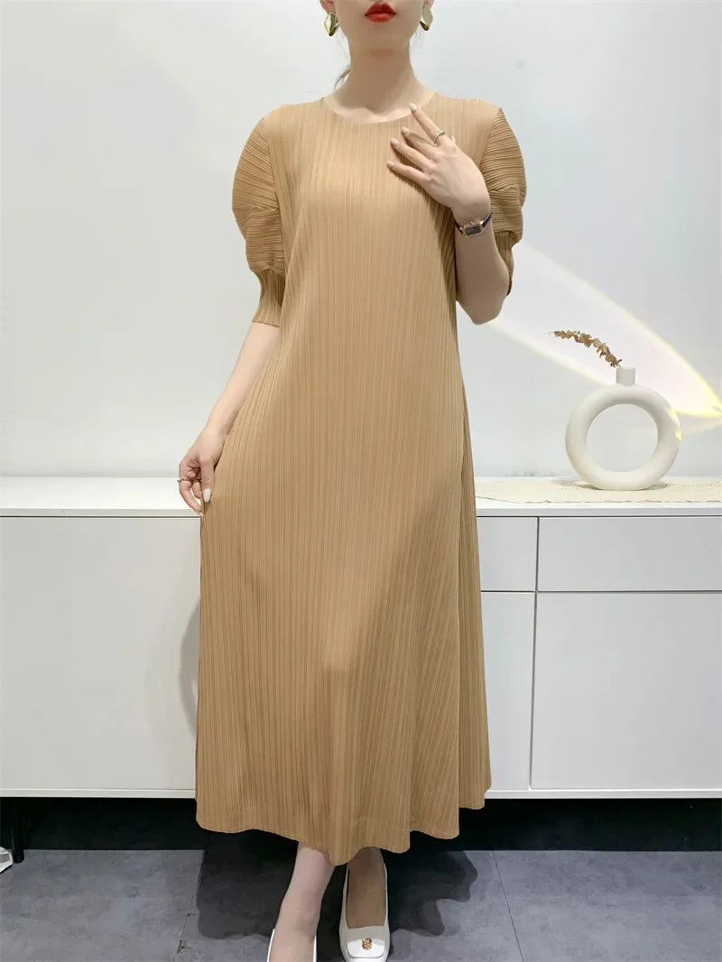 Miyake Pleated Dress 2024 Summer New Round Neck Loose and Comfortable A-line Short Sleeve Maix Dress