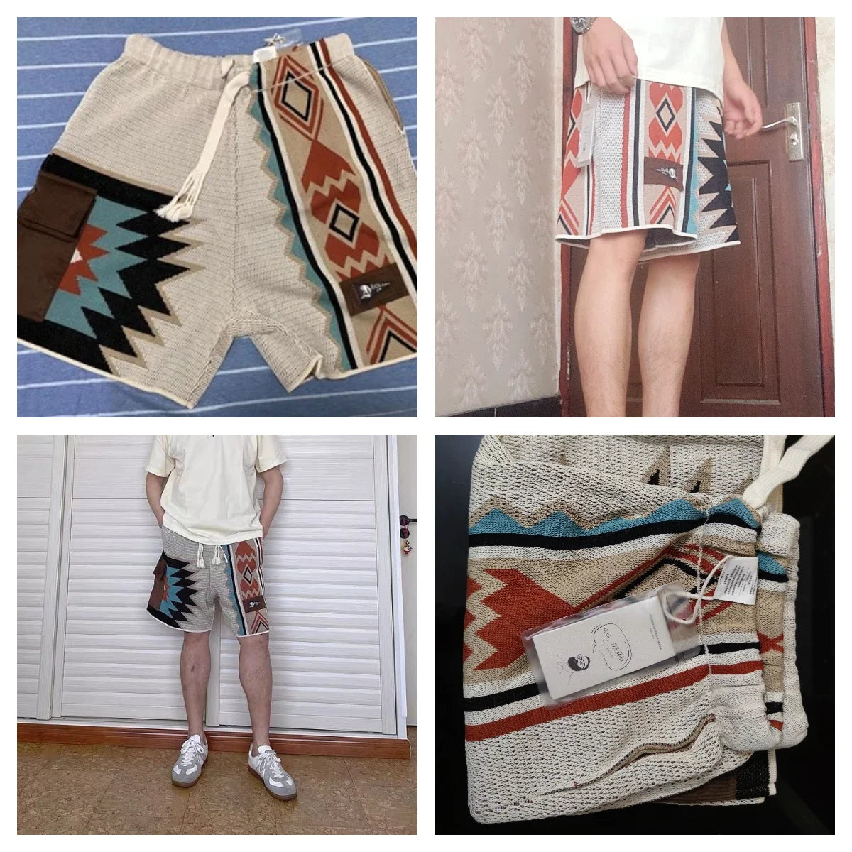 Navajo Totem Knitted Shorts Men's  Elastic Waist Casual Shorts with Corduroy Pocket Summer Beach Breathable Short Pants