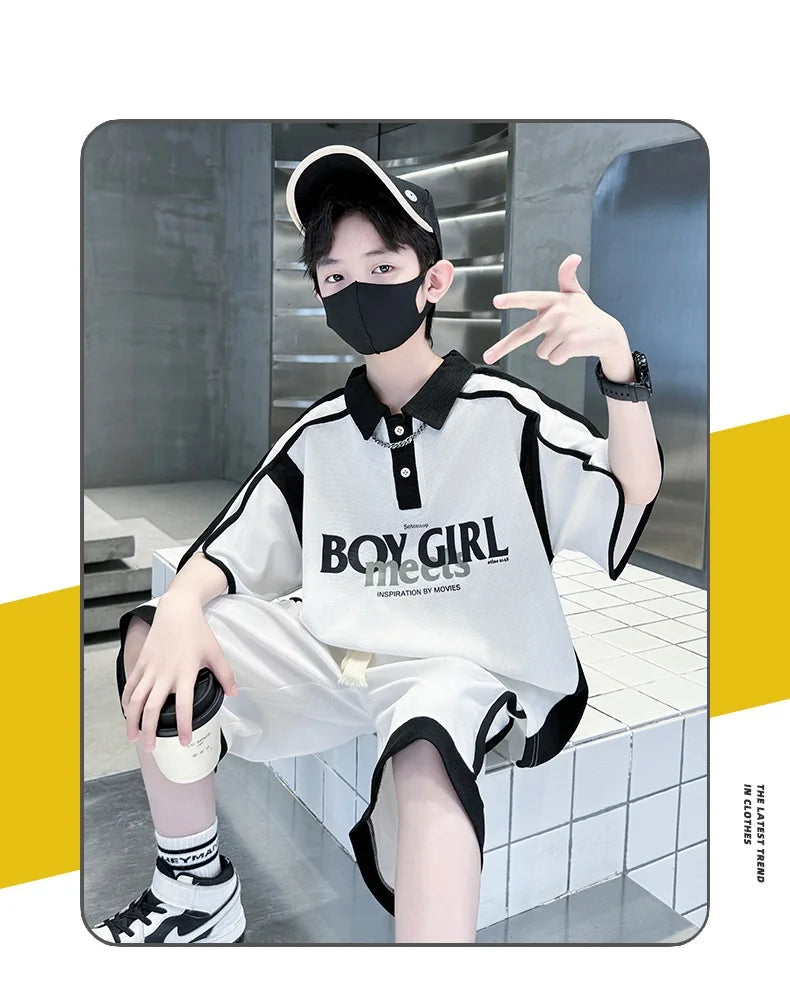 Summer Boys Patchwork Alphabet Preppy T-Shirt Tops+Drawstring Shorts Pant Set School Kids 2PCS Tracksuit Children Outfits 5-16Yr