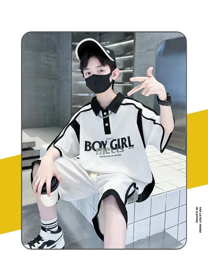 Summer Boys Patchwork Alphabet Preppy T-Shirt Tops+Drawstring Shorts Pant Set School Kids 2PCS Tracksuit Children Outfits 5-16Yr