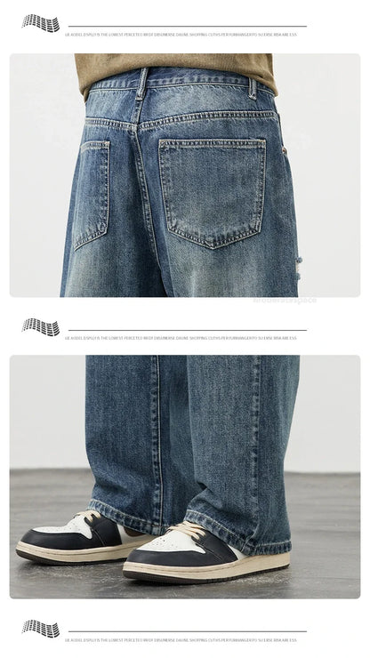 Korea Baggy Jeans Men's Vintage Straight Ripped Y2k Pants Fashion Frayed High Street Distressed Denim Trousers Male Clothes