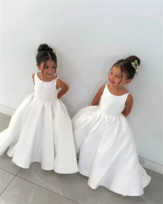 Lovely Satin Flower Girl Dress Straps Fluffy With Big Bow For Little Baby Wedding Ball Dresses Kids Birthday Party Evening Gowns