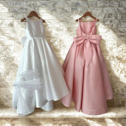 Long Ivory Satin Flower Girl Dresses for Wedding Bow Party Birthday Princess Dress Junior Bridesmaid First Holy Communion Gowns