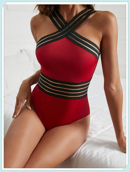 Solid Mesh Tape Swimsuit 2026 One Piece Sexy High Neck Swimwear Women Cross Front Bathing Suit Female Padded Beachwear Bodysuit
