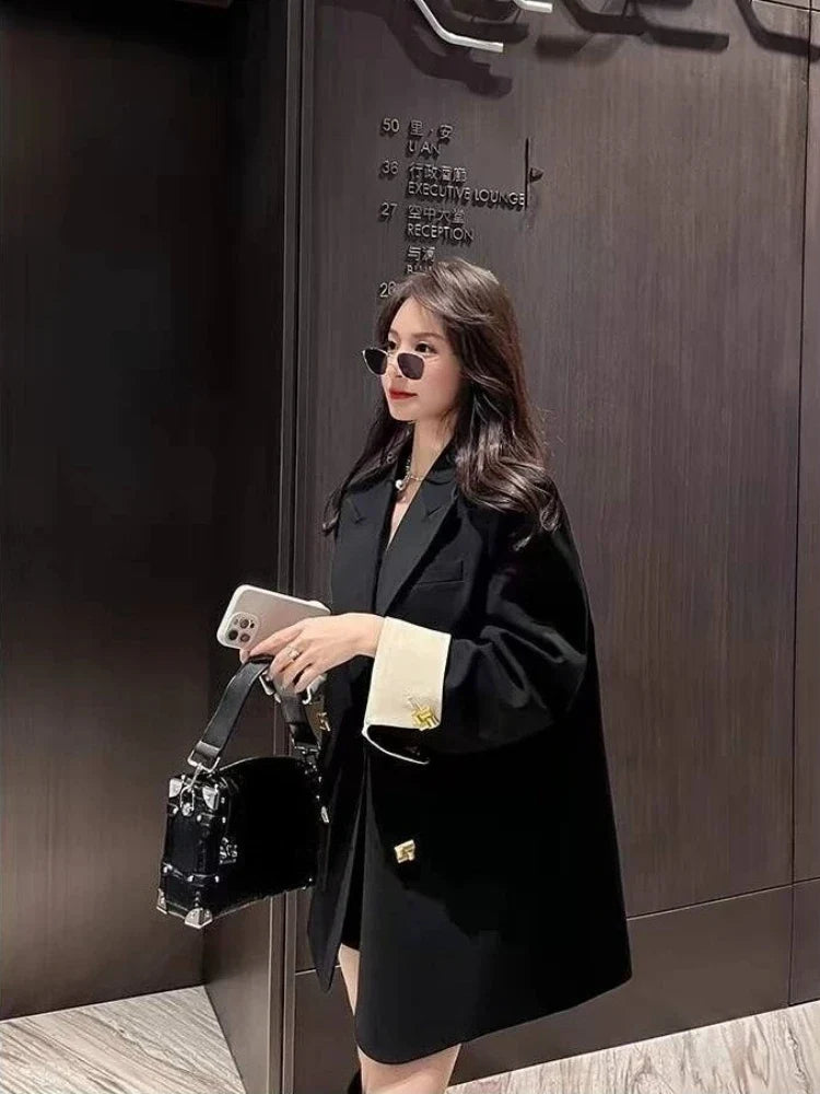 Unique Niche Black Double Breasted Women Blazer New Spring Autumn Office Commuter Mid Length Premium Light Luxury Suit Jacket
