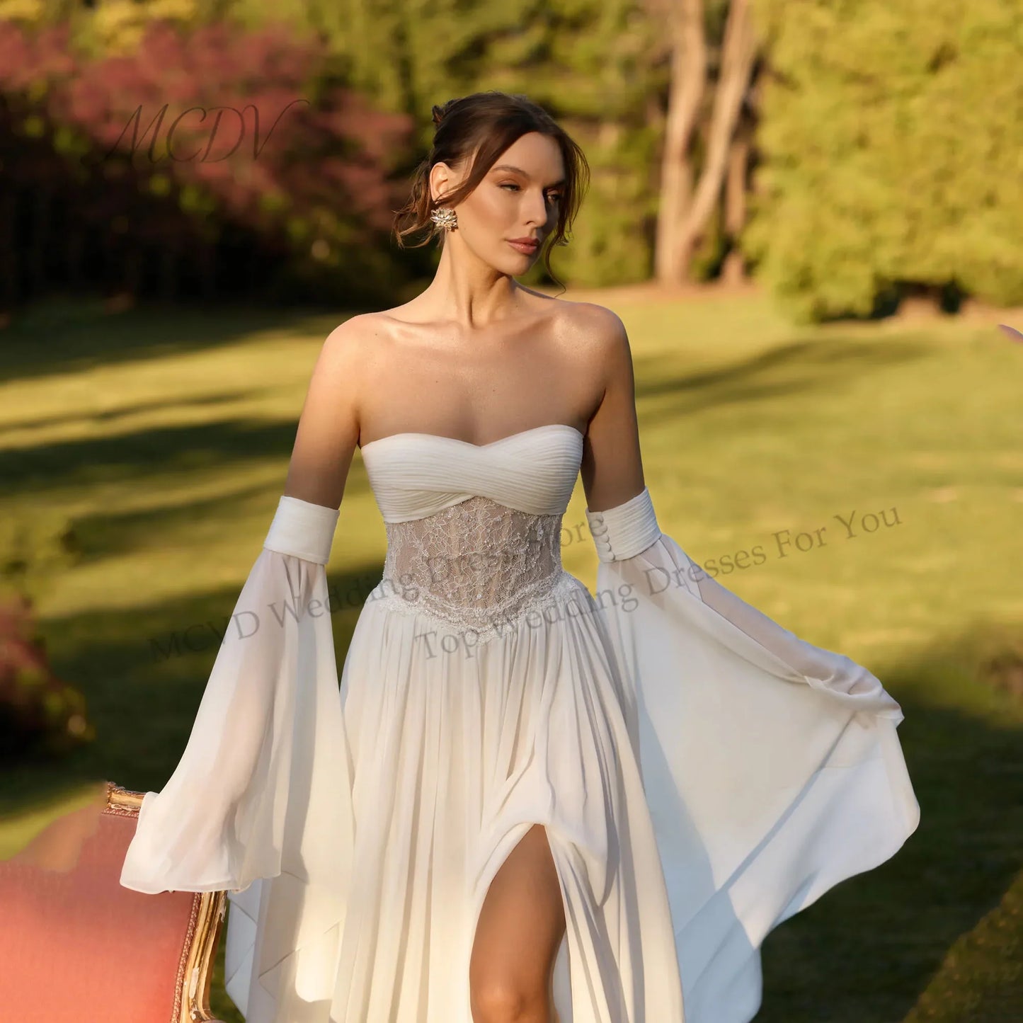 Chiffon A Line Boho Wedding Dress Flare Long Sleeve Lace Zipper Back Bridal Gown With Slit Strapless Sweep Train