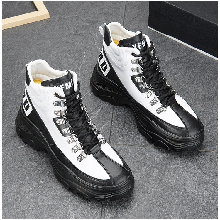 White High Top Board Boots for Men Thick Soled Men Boots with Elevated Height Inside Outdoor Casual Versatile High-top Shoes