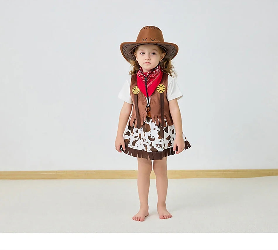 4/5 Pcs Set Girls Cowboy Role Play Skirt Clothes Vest Set Skirt Sets Kids Spring Autumn Halloween Cosplay Performance Costumes