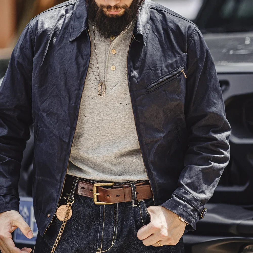 Men's Vintage IV Oil Waxed Canvas Jacket Lapel Zipper Short Outerwear Classic Slim Fit for Men's Spring and Fall Jacket