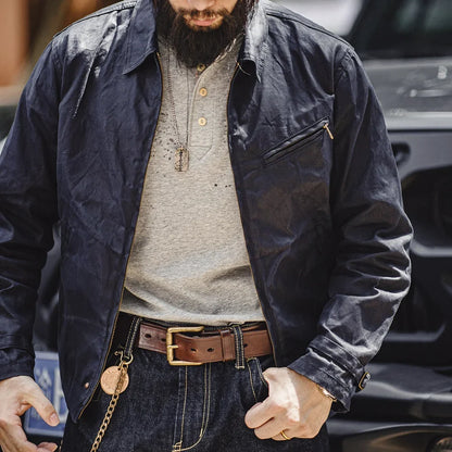Men's Vintage IV Oil Waxed Canvas Jacket Lapel Zipper Short Outerwear Classic Slim Fit for Men's Spring and Fall Jacket