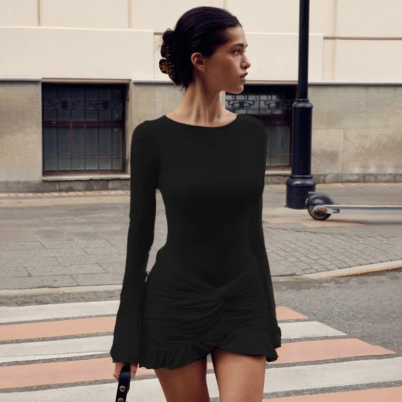 Ruched Bodycon Dress Women Sexy Long Sleeve Twist Ruffles Hem Mini Dresses Autumn White Elegant Club Party Short Vestidos