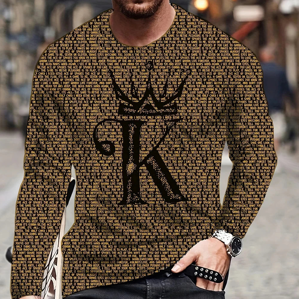 Summer Men's T-Shirt Big Size Loose Retro Short Sleeve Fashion American Poker Letter Print O Neck Long Sleeve Autumn Shirt