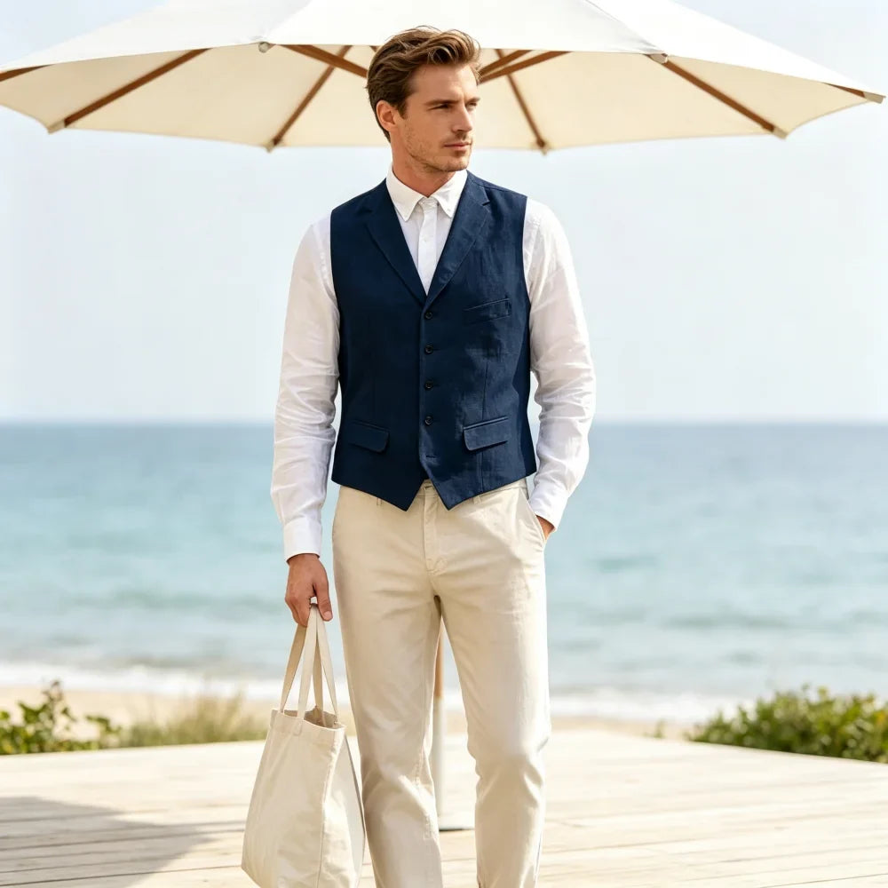 Men's Linen Suit Vest Lapel Sleeveless Summer Linen Waistcoat Single Breasted  For Beach Wedding Holiday Mens Gilet