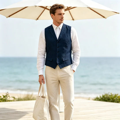 Men's Linen Suit Vest Lapel Sleeveless Summer Linen Waistcoat Single Breasted  For Beach Wedding Holiday Mens Gilet