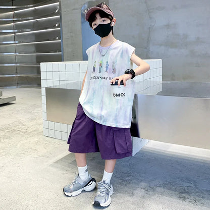 New Summer Kids Clothing Set Sleeveless T-shirt Suit with Shorts for Boy Luxurious Cotton Tracksuit 5 6 7 8 9 10 11 12 13 14 T