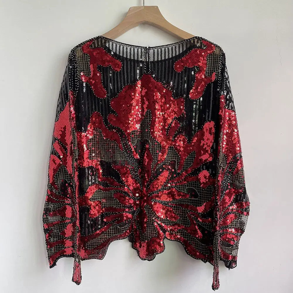 2025 Spring New Sequined Premium Outer Wear Ins Fashion Luxury Beads Long Sleeve Irregular Loose Chic T-shirt Top