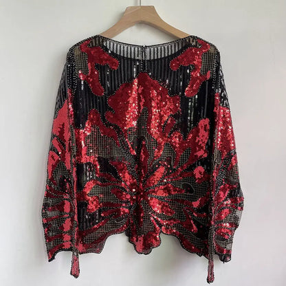 2025 Spring New Sequined Premium Outer Wear Ins Fashion Luxury Beads Long Sleeve Irregular Loose Chic T-shirt Top