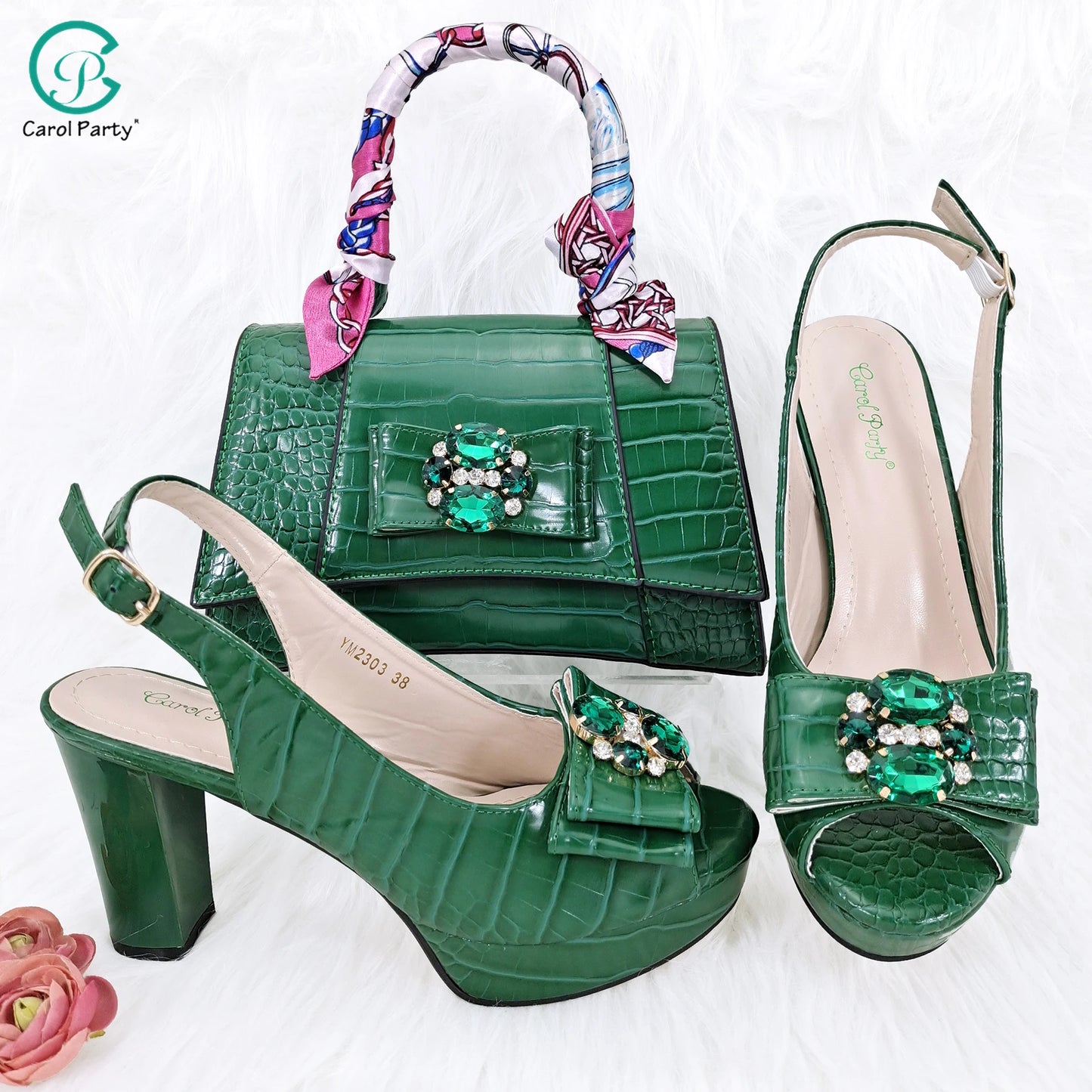 Crocodile Textured Ribbon And Colorful Crystal Embellished Clutch With Long Shoulder Strap Women's Shoes And Bag Set