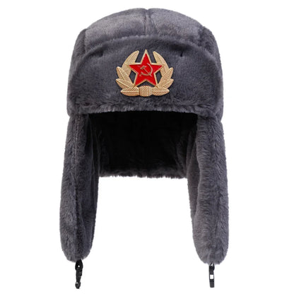 Unisex Five-pointed Star Label Lei Feng Hat Winter Earflap Hat Keep Warm Ski Hat Bomber Hat for Outdoor Riding Snow Activities