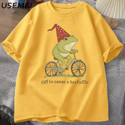 Off To Cause A Kerfuffle Frog T-Shirt Funny Weirdcore Sayings Unique Tshirt Adults Joker Men Women Graphic Tee Male Summer Tops