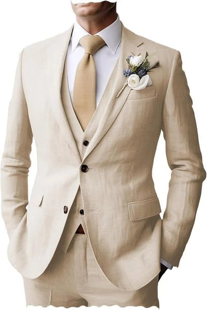 Men's Suits Regular Fit Summer 3Piece Beach Linen TuxedosJacket+Vest+Pants Wedding Groomsman