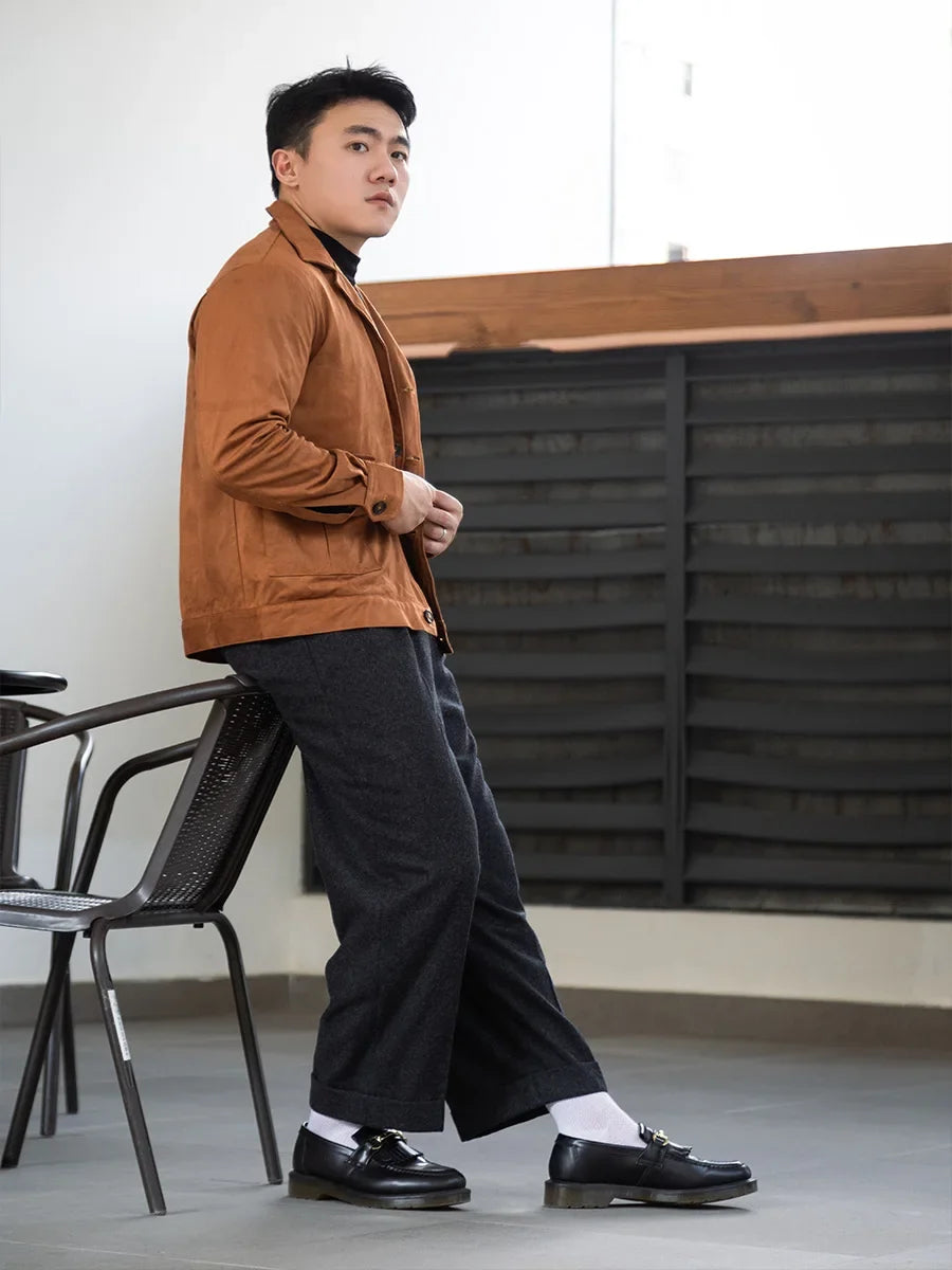 Cashmere Edition Men's Hollywood-Style Loose-Fit Slightly Flared Casual Pants Wool Flannel Trousers Vintage-Style Dress Pants