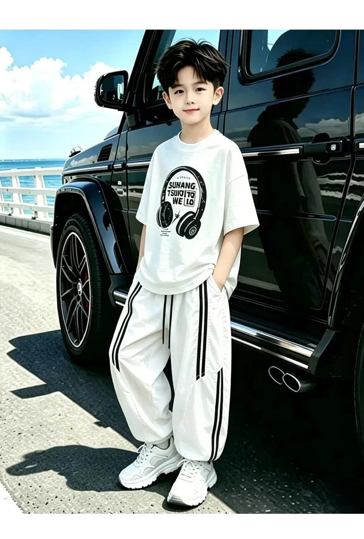 Street Style Children Luxury Summer Outfit Top And Bottom Set for Teen Boys T-shirt Pants Suit Kids Fashion Streetwear Clothes