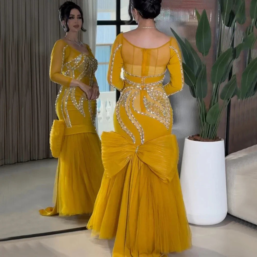 Yellow Tulle Evening Dress Scoop Neck Long Sleeve Exquisite Beading Mermaid Floor Length with Bow Women Gown Customized