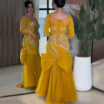 Yellow Tulle Evening Dress Scoop Neck Long Sleeve Exquisite Beading Mermaid Floor Length with Bow Women Gown Customized