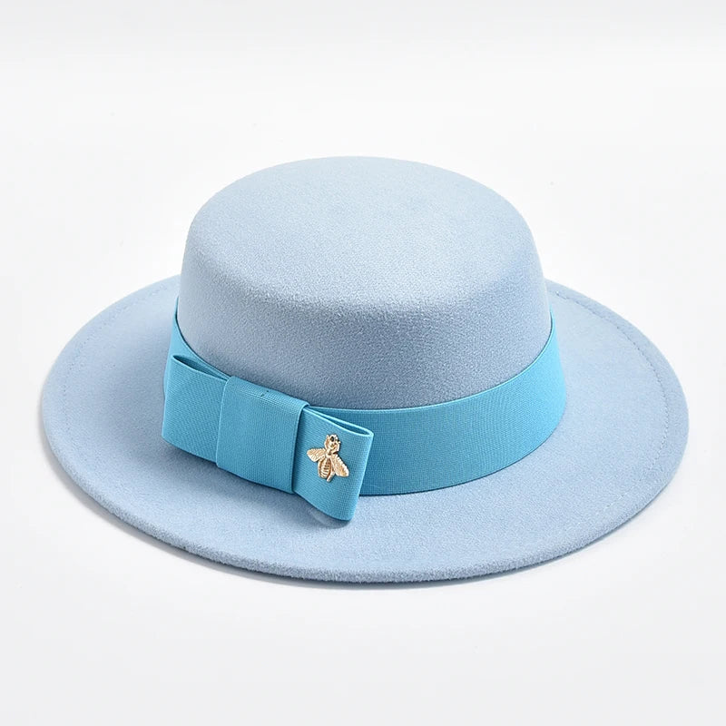 New Fedora Hat for Women Elegant Fashion Formal Wedding Decorate Church Cap Flat Top Bow Party Jazz Hat Chapeau Femme