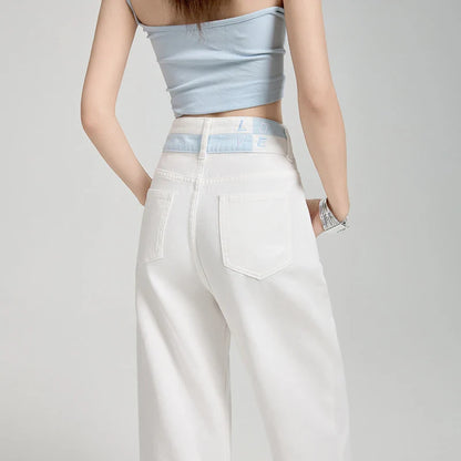 Loose Casual Wide Leg Denim Pants Summer New Thin 100% Cotton Women's High Waist Y2K Contrast Stitching All Match Baggy Jeans