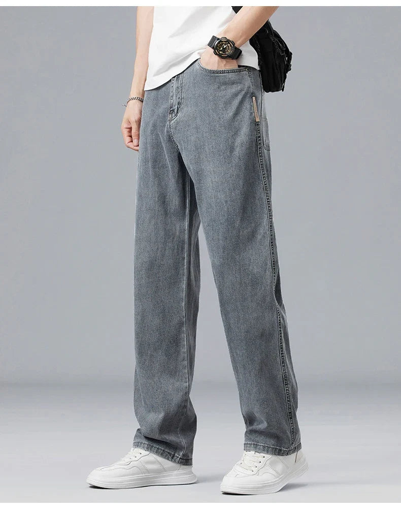 Summer Ultra-thin Lyocell Men's Jeans Drape Soft Fabric Loose Straight Casual Denim Pants Elastic Ice Silk Male Trousers
