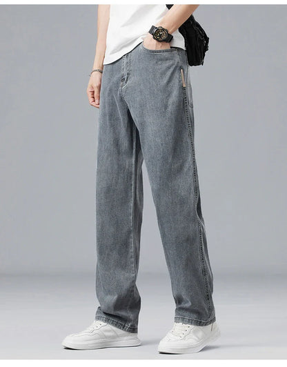 Summer Ultra-thin Lyocell Men's Jeans Drape Soft Fabric Loose Straight Casual Denim Pants Elastic Ice Silk Male Trousers