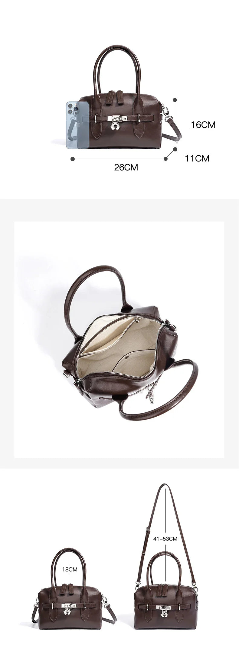 2025 Fall Winter New Top Grain Leather Spacious Boston Bag Lock Design Single Shoulder Crossbody Pack Women Commuting Handbag