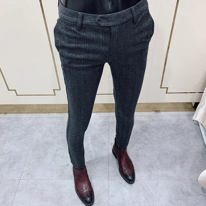 Autumn Winter Striped Woolen Cloth Suit Pants Men Casual Slim Straight Warm Trousers Formal Business Social Office Dress Pants