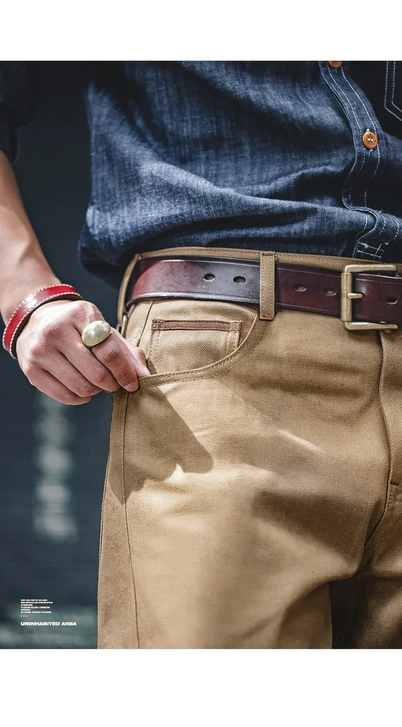 Men Khaki Raw Jeans 11.7OZ Redline Selvedge Denim Jeans Amekaji Straight Pants Male Casual Trousers Hombre Solid Pants
