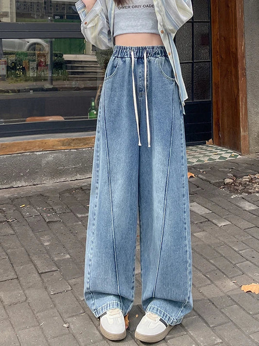 High Waist Wide Leg Jeans Women's Loose Fit Dstring Elastic Waist Long Trousers Blue Denim Spring Season Faion plus Size