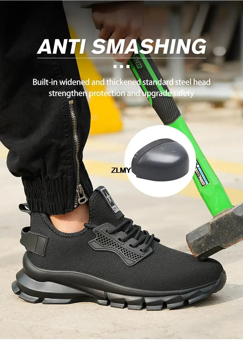 Black Safety Shoes Men Steel Toe Sneakers Lightweight Puncture Proof Work Safety Boots Man Breathable Working Shoes Anti-smash