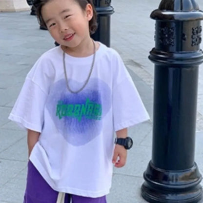 Cotton Heart Print Boys Short Sleeve T-Shirt Summer Toddler Loose Fit Baby Handsome 3-6 Years Top