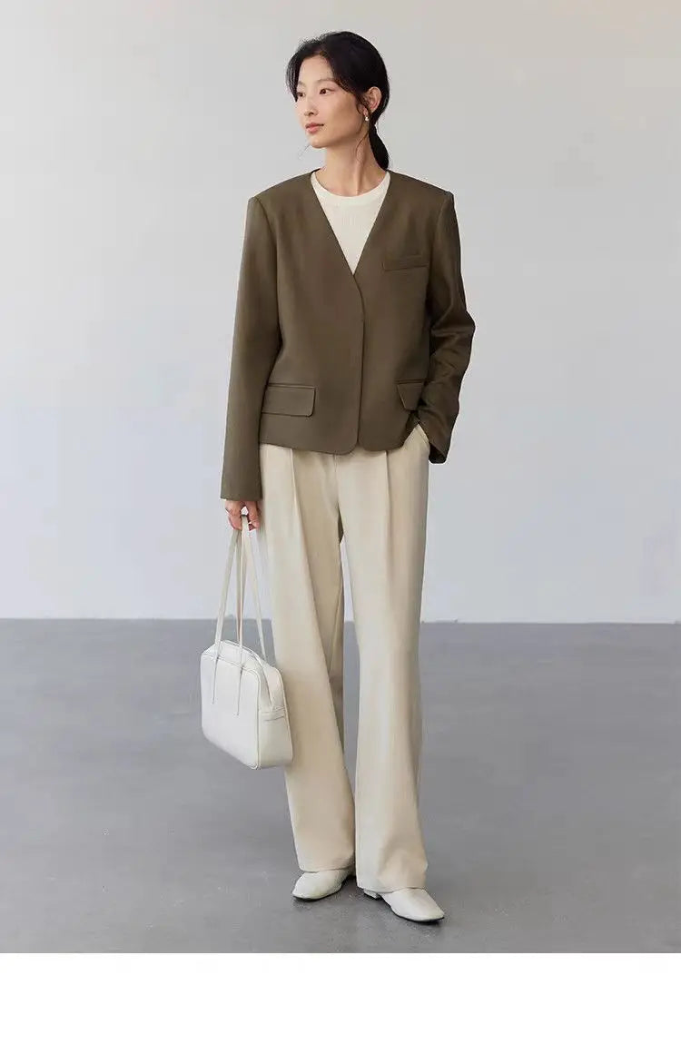 Womens Gray Collarless Blazer Cropped Open Front Suit Jacket Casual Office Outerwear