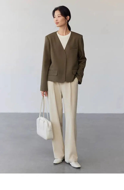 Womens Gray Collarless Blazer Cropped Open Front Suit Jacket Casual Office Outerwear