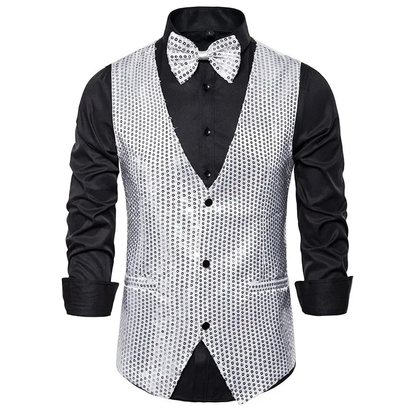 New Gold Sequin Vest Men's Single-breasted V-neck Sleeveless Vests Coat Wedding Party Waistcoat Silver Blue Purple Red Tops