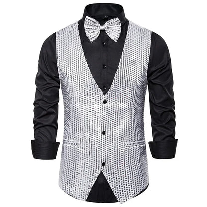 New Gold Sequin Vest Men's Single-breasted V-neck Sleeveless Vests Coat Wedding Party Waistcoat Silver Blue Purple Red Tops