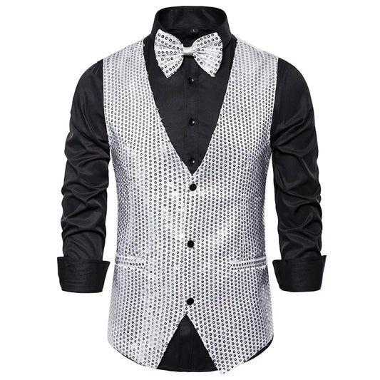 New Gold Sequin Vest Men's Single-breasted V-neck Sleeveless Vests Coat Wedding Party Waistcoat Silver Blue Purple Red Tops