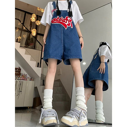 Women Streetwear Kawaii Denim Shorts Overalls Lady Fashion Embroidery Oversize Wide Leg Jeans Female Y2k Clothes Deep Blue Pants