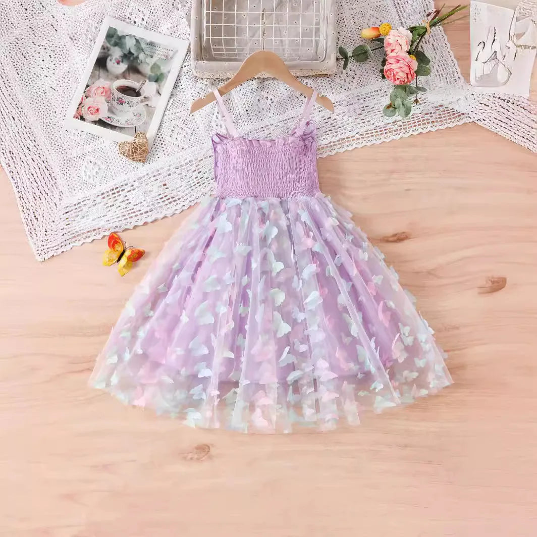 2024 Girls Purple Butterfly Dress Summer Children Colorful Mesh Dress Baby Sling Wings Princess Dress for Birthday 3-8T